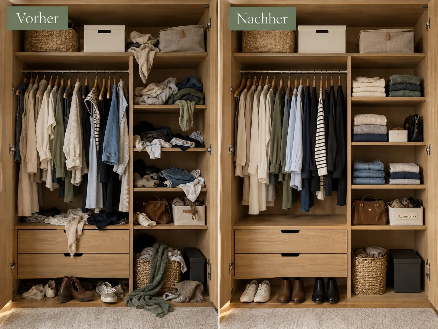 Beispielbild eines Kleiderschranks vor und nach dem Sortieren