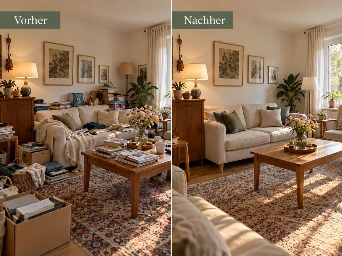Beispielbild eines Wohnzimmers vor und nach dem Ordnen, als Vergleich nebeneinander